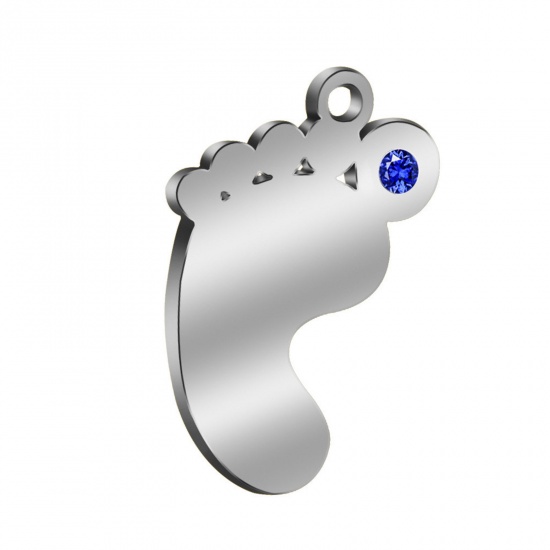 Picture of 304 Stainless Steel Birthstone Charms Silver Tone Feet September Dark Blue Rhinestone 21mm x 14mm, 1 Piece
