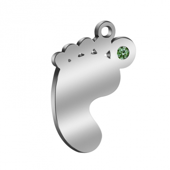 Picture of 304 Stainless Steel Birthstone Charms Silver Tone Feet May Green Rhinestone 21mm x 14mm, 1 Piece