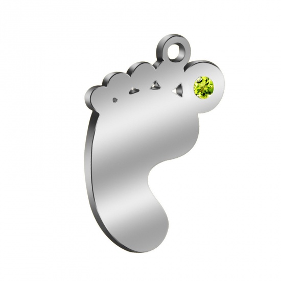 Picture of 304 Stainless Steel Birthstone Charms Silver Tone Feet August Light Green Rhinestone 21mm x 14mm, 1 Piece