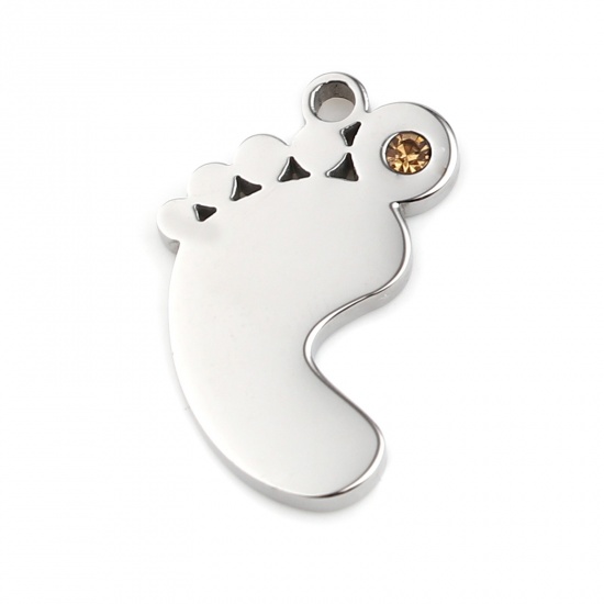 Picture of 304 Stainless Steel Birthstone Charms Silver Tone Feet November Yellow Rhinestone 21mm x 14mm, 1 Piece