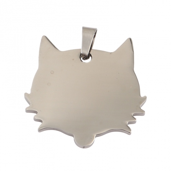 Picture of Stainless Steel Pendants Cat Animal Silver Tone Blank Stamping Tags One Side 34mm x 31mm, 1 Piece