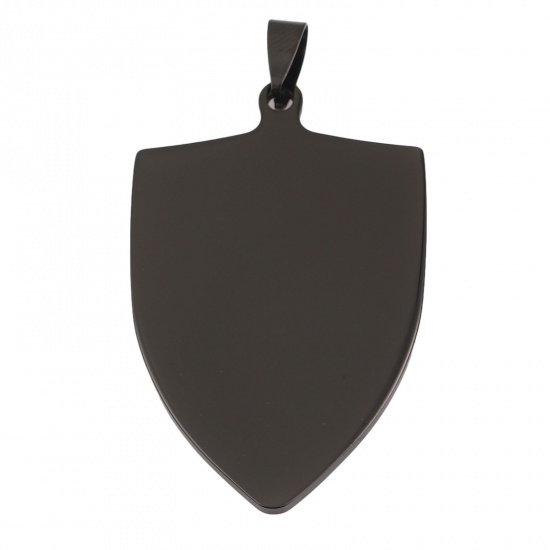 Picture of Stainless Steel Pendants Shield Black Blank Stamping Tags One Side 60mm x 33mm, 1 Piece