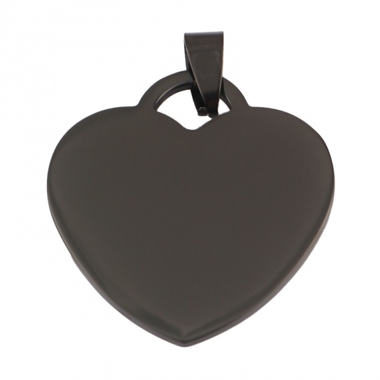 Picture of Stainless Steel Pendants Heart Black Blank Stamping Tags One Side 43mm x 34mm, 1 Piece