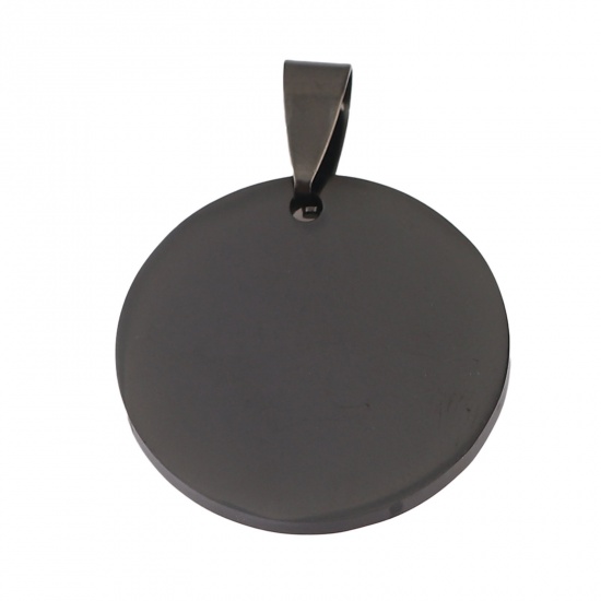 Picture of Stainless Steel Pendants Round Black Blank Stamping Tags One Side 32mm x 25mm, 1 Piece