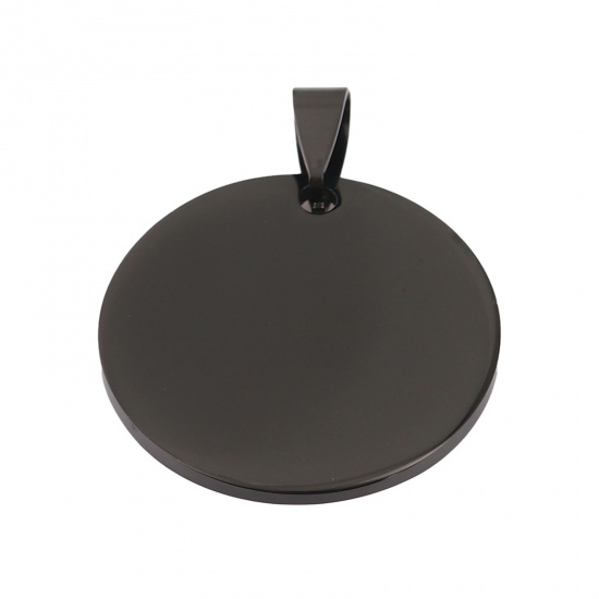 Picture of Stainless Steel Pendants Round Black Blank Stamping Tags One Side 38mm x 30mm, 1 Piece