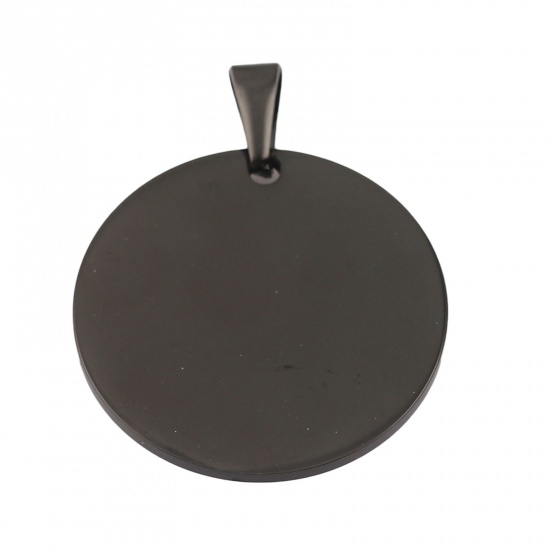 Picture of Stainless Steel Pendants Round Black Blank Stamping Tags One Side 44mm x 35mm, 1 Piece
