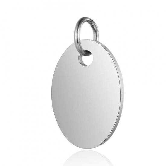 Picture of Stainless Steel Charms Oval Silver Tone Blank Stamping Tags One Side 17mm x 10mm, 1 Piece