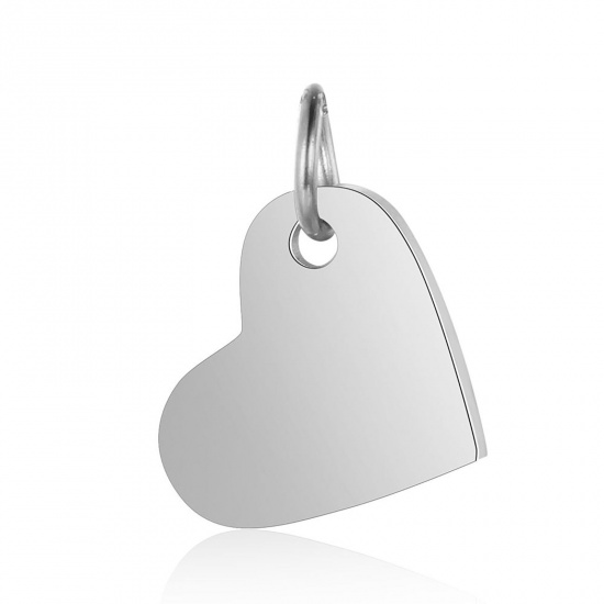 Picture of Stainless Steel Charms Heart Silver Tone Blank Stamping Tags One Side 14mm x 10mm, 1 Piece