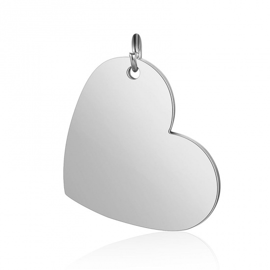 Picture of Stainless Steel Charms Heart Silver Tone Blank Stamping Tags One Side 26mm x 20mm, 1 Piece