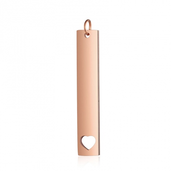 Picture of Stainless Steel Pendants Rectangle Heart Rose Gold Blank Stamping Tags One Side 43mm x 7mm, 1 Piece
