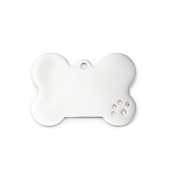 Picture of Stainless Steel Pet Memorial Pendants Bone Silver Tone Blank Stamping Tags One Side Clear Rhinestone 48mm x 35mm, 1 Piece