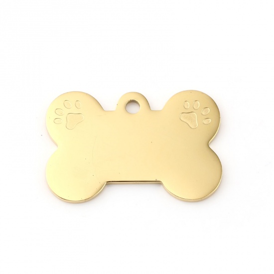 Picture of Stainless Steel Pet Memorial Pendants Bone Gold Plated Blank Stamping Tags One Side 36mm x 24mm, 1 Piece