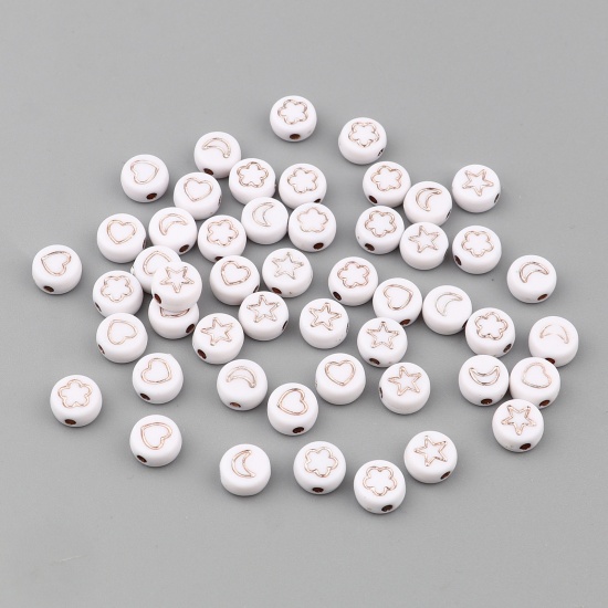 Picture of Acrylic Beads Flat Round White At Random Pattern About 7mm Dia., Hole: Approx 1.5mm, 500 PCs