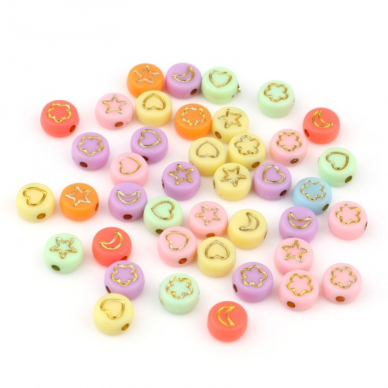 Picture of Acrylic Beads Flat Round At Random Color Pentagram Star Pattern About 7mm Dia., Hole: Approx 1.5mm, 500 PCs