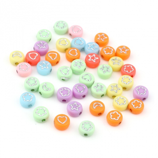 Picture of Acrylic Beads Flat Round At Random Color Pentagram Star Pattern About 7mm Dia., Hole: Approx 1.5mm, 500 PCs