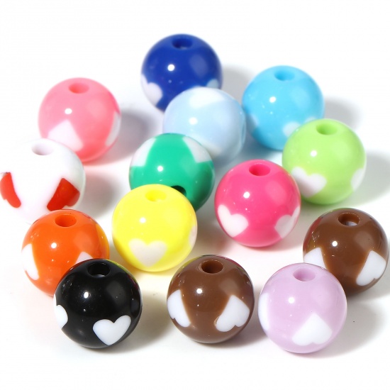 Picture of Acrylic Beads Round At Random Color Heart Pattern About 12mm Dia., Hole: Approx 2.9mm, 30 PCs