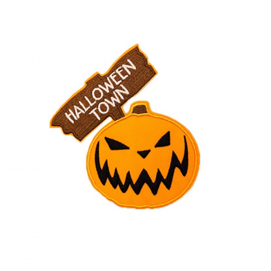 Picture of Fabric Iron On Patches Appliques (With Glue Back) Craft Yellow Halloween Pumpkin 10.5cm x 9cm, 5 PCs