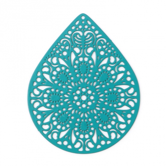Bild von Eisenlegierung Filigran Stempel Verzierung Anhänger Tropfen Grün Blumen Spritzlackierung 4.9cm x 3.9cm, 10 Stück