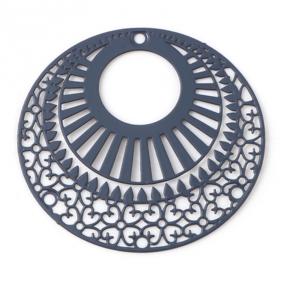 Bild von Eisenlegierung Filigran Stempel Verzierung Anhänger Oval Grau Filigran Spritzlackierung 3.9cm x 3.6cm, 10 Stück