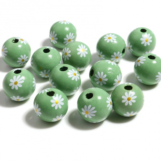 Picture of Wood Spacer Beads Round Light Green Daisy Flower About 16mm Dia., Hole: Approx 3.8mm, 20 PCs