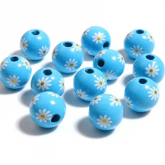 Picture of Wood Spacer Beads Round Blue Daisy Flower About 16mm Dia., Hole: Approx 3.8mm, 20 PCs