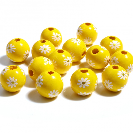 Picture of Wood Spacer Beads Round Yellow Daisy Flower About 16mm Dia., Hole: Approx 3.8mm, 20 PCs