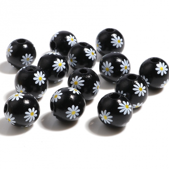 Picture of Wood Spacer Beads Round Black Daisy Flower About 16mm Dia., Hole: Approx 3.8mm, 20 PCs