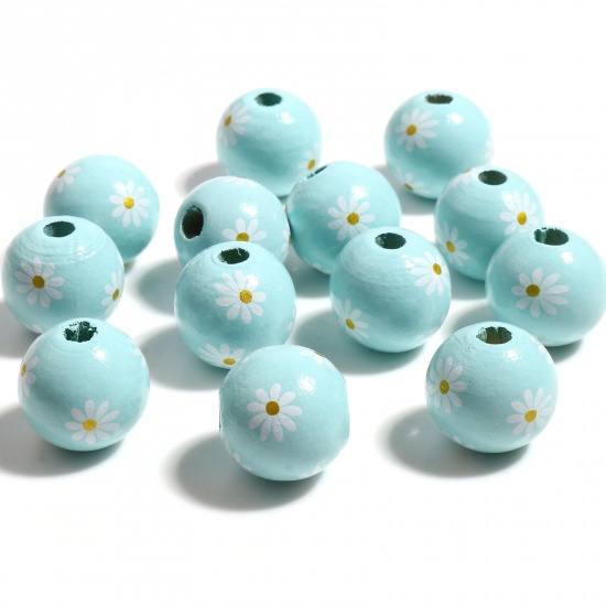 Picture of Wood Spacer Beads Round Light Blue Daisy Flower About 16mm Dia., Hole: Approx 3.8mm, 20 PCs