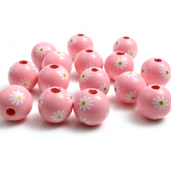 Picture of Wood Spacer Beads Round Pink Daisy Flower About 16mm Dia., Hole: Approx 3.8mm, 20 PCs