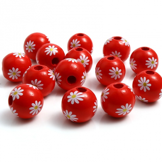 Picture of Wood Spacer Beads Round Red Daisy Flower About 16mm Dia., Hole: Approx 3.8mm, 20 PCs
