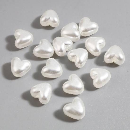 Picture of Acrylic Baroque Beads Heart White Imitation Pearl About 10.5mm x 10mm, Hole: Approx 1.5mm, 100 PCs