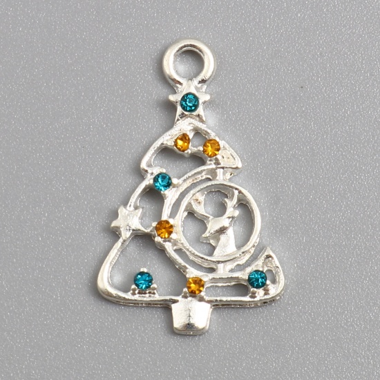 Bild von Zinklegierung Charms Baum Versilbert Weihnachten Rentier Gelb Strass Blau Zirkonia 24mm x 15mm, 5 Stück