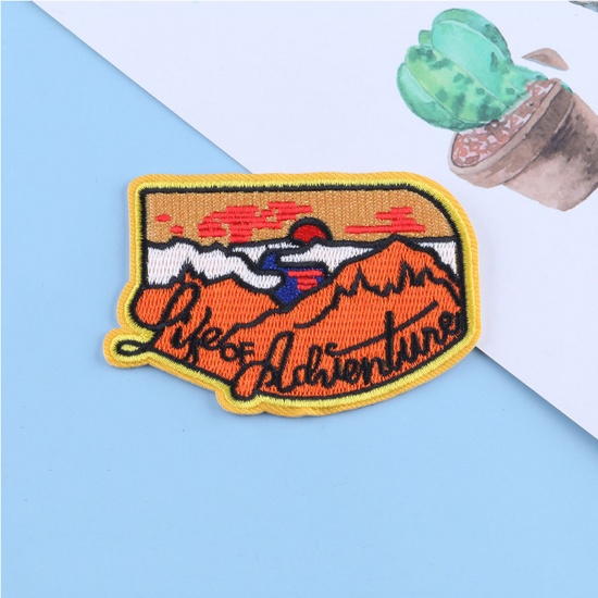 Picture of Polyester Iron On Patches Appliques (With Glue Back) Craft Orange Badge Mountain 9.1cm x 6cm, 1 Piece