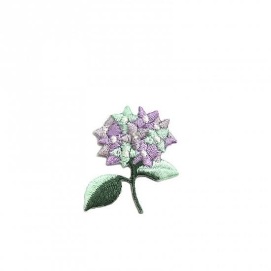 Picture of Fabric Iron On Patches Appliques (With Glue Back) Craft Purple & Green Hydrangea Flower 40mm x 35mm, 5 PCs
