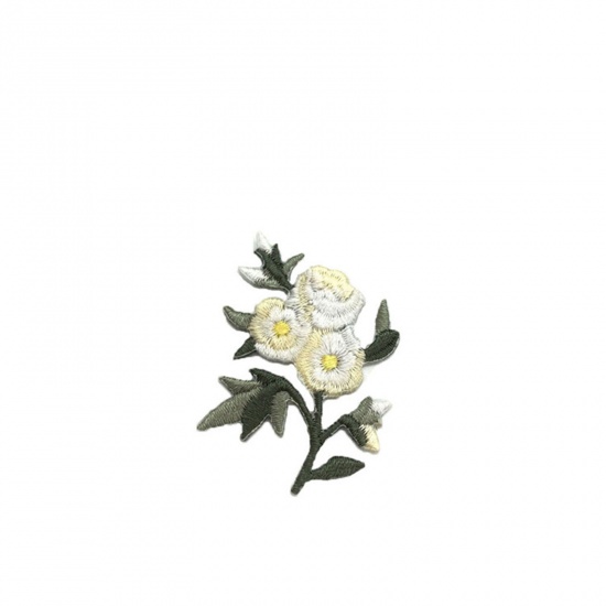 Picture of Fabric Iron On Patches Appliques (With Glue Back) Craft Green & Yellow Camellia Flower 45mm x 40mm, 5 PCs