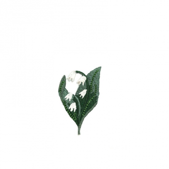 Picture of Fabric Iron On Patches Appliques (With Glue Back) Craft White & Green Flower Leaves 50mm x 30mm, 5 PCs