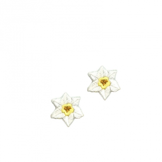 Picture of Fabric Iron On Patches Appliques (With Glue Back) Craft White & Yellow Flower 20mm x 20mm, 5 Pairs