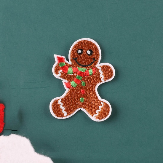 Picture of Fabric Iron On Patches Appliques (With Glue Back) Craft Multicolor Christmas Ginger Bread Man 5.5cm x 4.1cm, 5 PCs