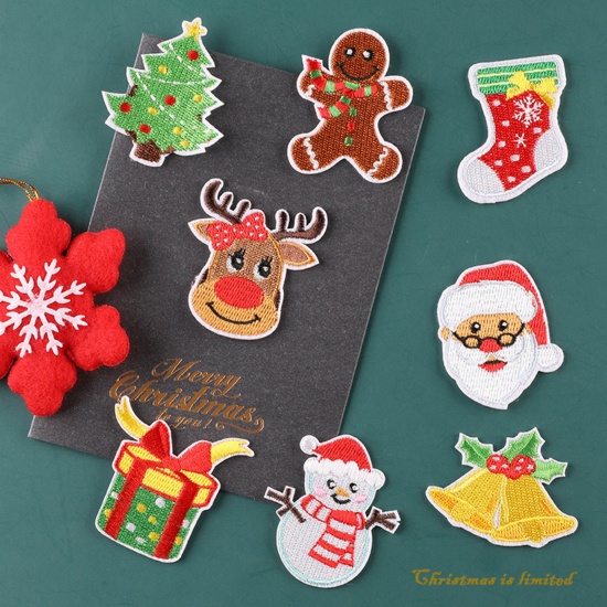 Picture of Fabric Christmas Iron On Patches Appliques (With Glue Back) Craft Multicolor 5.7cm - 4.1cm, 1 Set ( 8 PCs/Set)