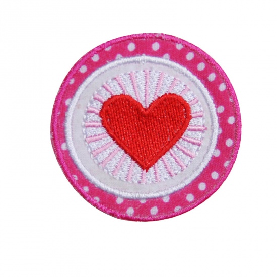 Picture of Fabric Iron On Patches Appliques (With Glue Back) Craft White & Red Round Heart 5cm Dia., 5 PCs