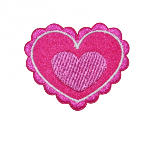 Picture of Fabric Iron On Patches Appliques (With Glue Back) Craft Fuchsia Heart 5.5cm x 4.5cm, 5 PCs