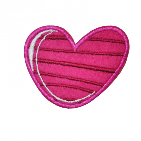 Picture of Fabric Iron On Patches Appliques (With Glue Back) Craft Fuchsia Heart Stripe 5.3cm x 4cm, 5 PCs
