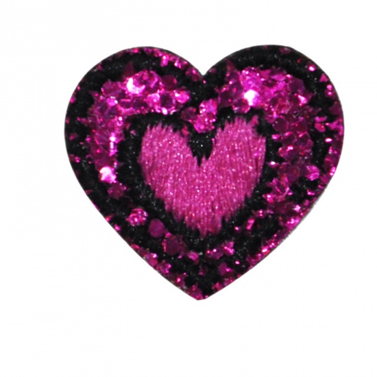 Picture of Fabric Iron On Patches Appliques (With Glue Back) Craft Fuchsia Heart Sequins 20mm x 20mm, 5 PCs