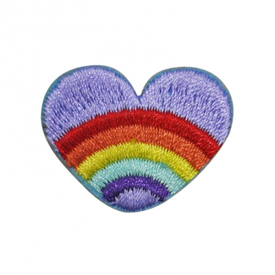 Picture of Fabric Iron On Patches Appliques (With Glue Back) Craft Multicolor Heart Rainbow 28mm x 20mm, 5 PCs