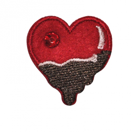 Picture of Fabric Iron On Patches Appliques (With Glue Back) Craft Red & Brown Heart 3cm x 2.5cm, 5 PCs