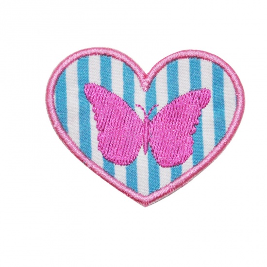 Picture of Fabric Iron On Patches Appliques (With Glue Back) Craft Blue & Pink Heart Butterfly 5.3cm x 4.5cm, 5 PCs