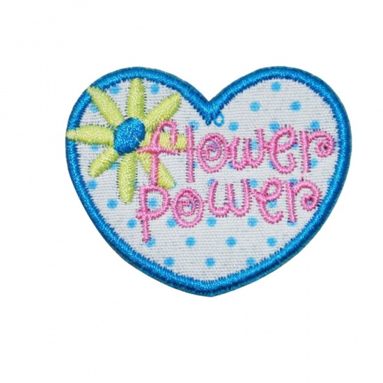 Picture of Fabric Iron On Patches Appliques (With Glue Back) Craft White & Blue Heart Flower 4.5cm x 3.5cm, 5 PCs
