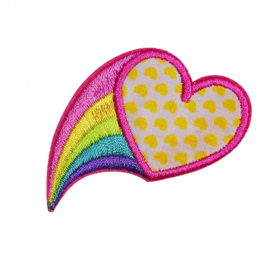Picture of Fabric Iron On Patches Appliques (With Glue Back) Craft Multicolor Heart Rainbow 5cm x 4.5cm, 5 PCs