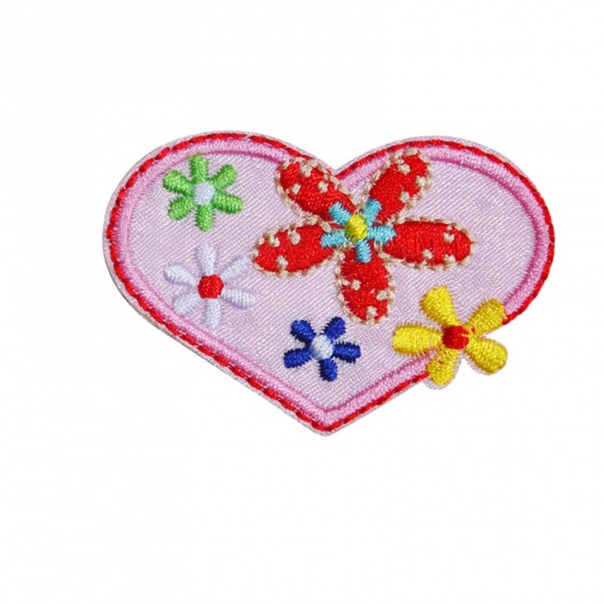 Picture of Fabric Iron On Patches Appliques (With Glue Back) Craft Multicolor Heart Flower 5.5cm x 3.5cm, 5 PCs