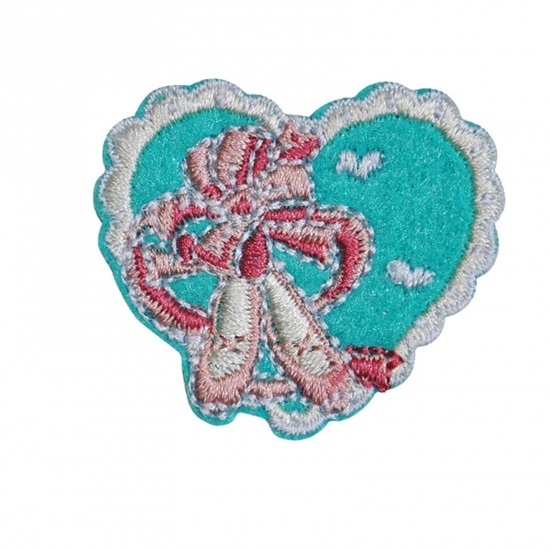 Picture of Fabric Iron On Patches Appliques (With Glue Back) Craft Lake Blue Heart Bowknot 4.5cm x 3.5cm, 5 PCs